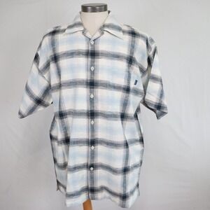 Koman Jeans Shirt Mens‎ Large Outdoor Casual Pocket Button Up Plaid Short Sleeve